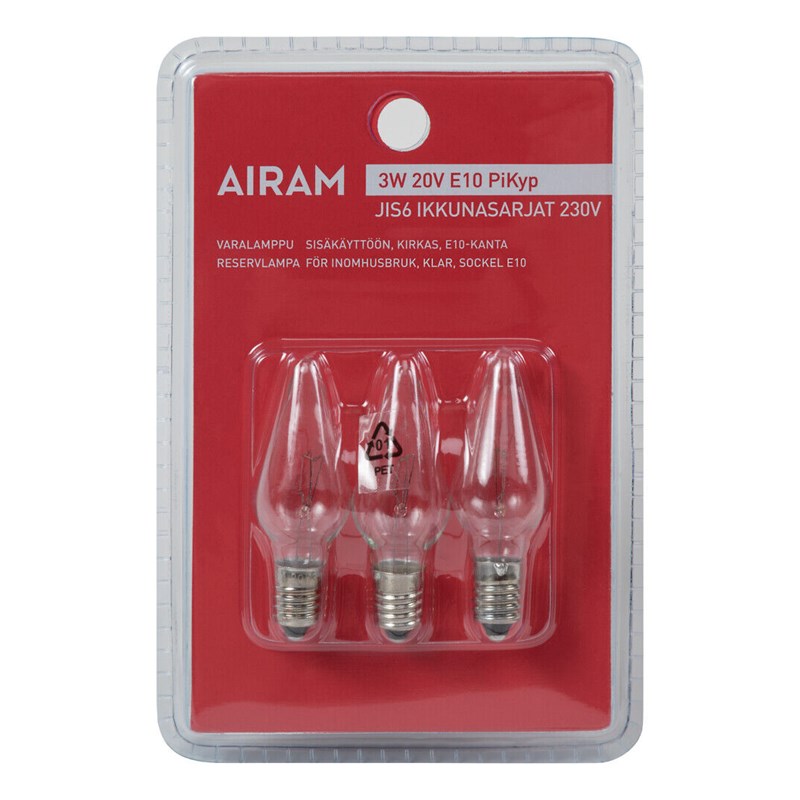 Airam Varalamput Jis6 230V (230V verkkovirta), 3W 20V E10 PiKyp/3 blister