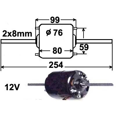 Puhallinmoottori yleismalli, 12V 3-NOP 2X8mm