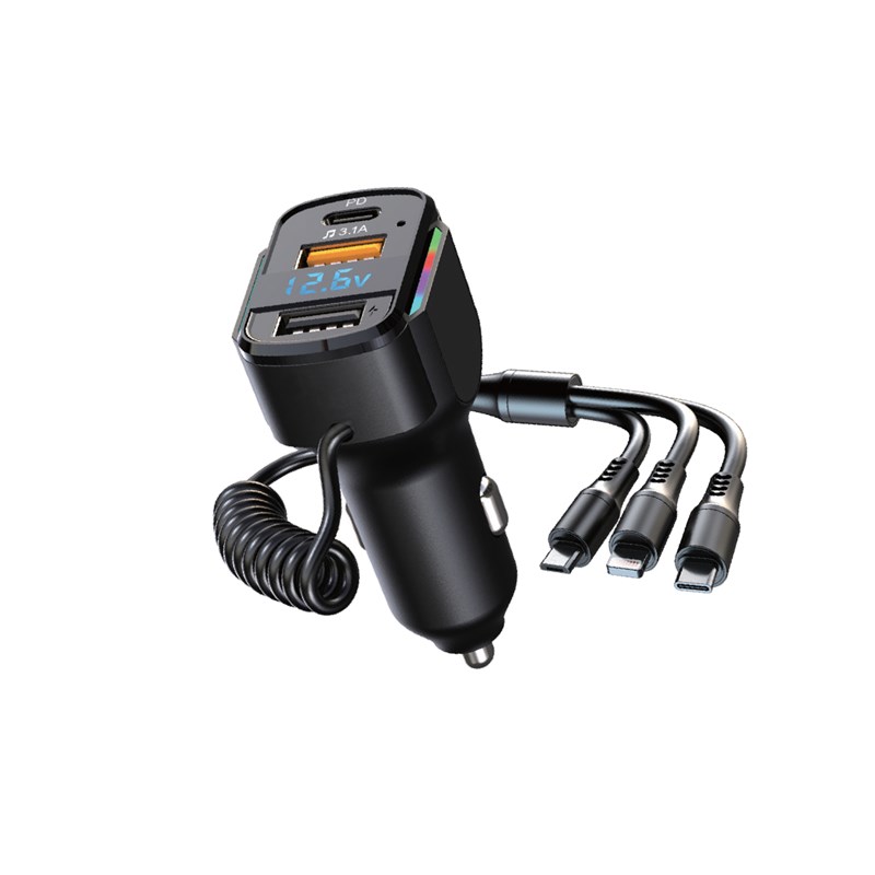 AX4 Autolaturi PD + 2 USB-A Type-C,Micro-USB, Iphone johdot ulos